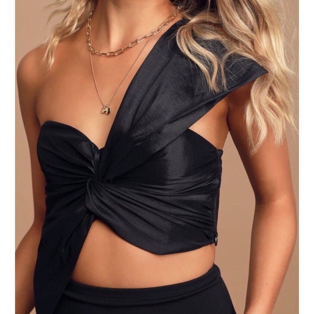 LULUS Top one shoulder Linen front Top black Satin Size M